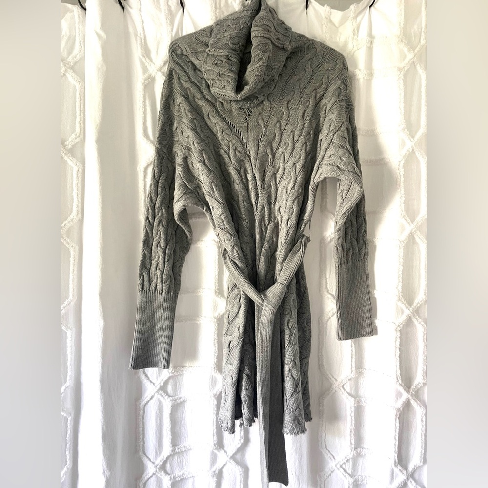 Fable by Vici Cable-Knit Sweater Dress with Self-Tie Belt - Gray